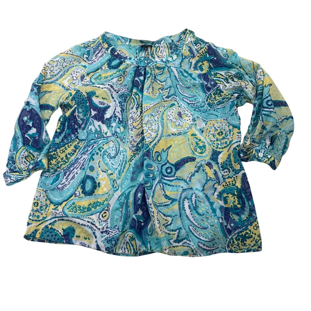 Talbots Womens Turquoise Blue Paisley 100% Cotton 3/4 Sleeve Blouse Top 18W